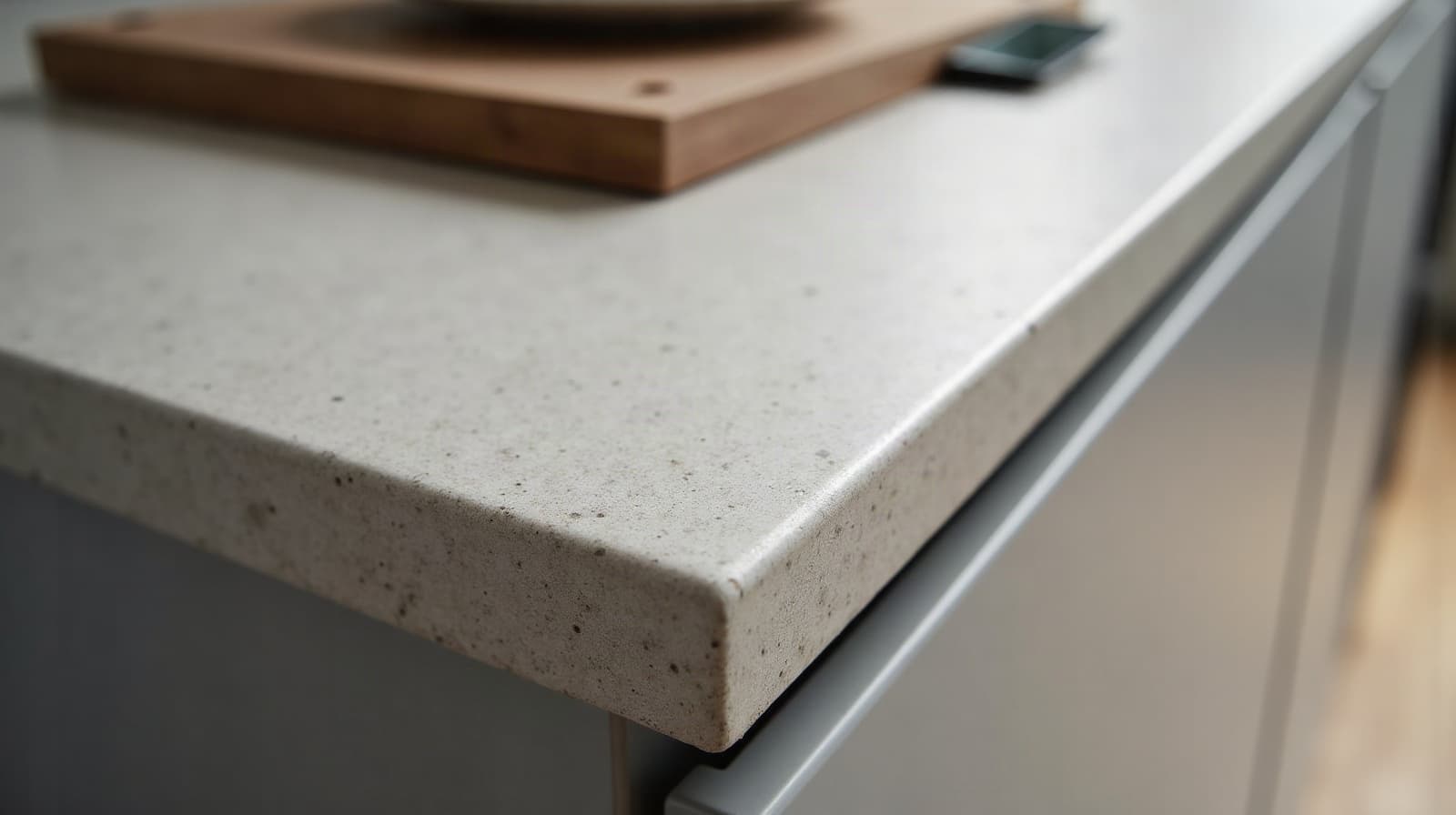Plan de travail en béton ciré, teinte sable, chant enduit d'un seul tenant